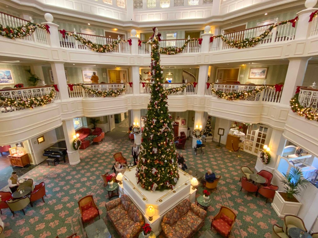 The atrium of the Disneyland Hotel in Paris, Christmas 2018.