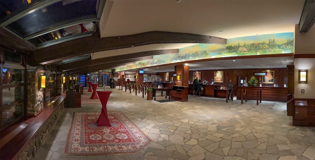 The Lobby of of Disney's Sequoia Lodge at Disneyland Paris, 2022.