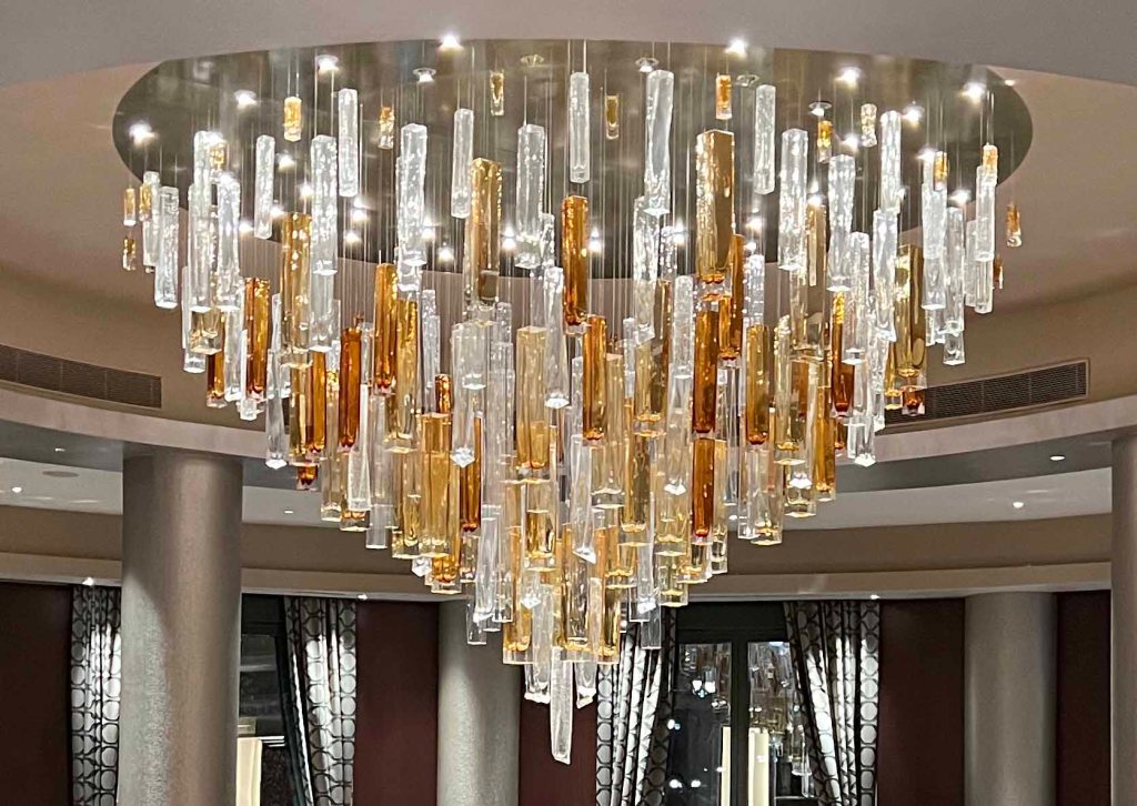 Lasvit chandelier in the Manhattan Restaurant, Disneys Hotel New York: The Art of Marvel, Disneyland Paris.