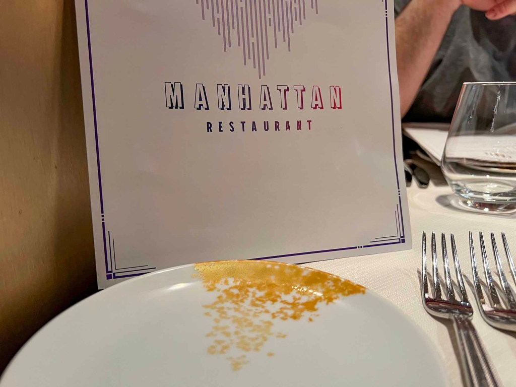 Menu and silverware at the Manhattan Restaurant, Disneys Hotel New York: The Art of Marvel, Disneyland Paris.