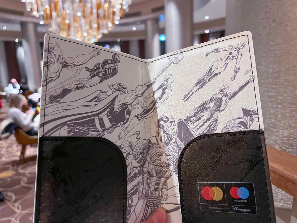 Marvel branded invoice folder Manhattan Restaurant, Disneys Hotel New York: The Art of Marvel, Disneyland Paris.
