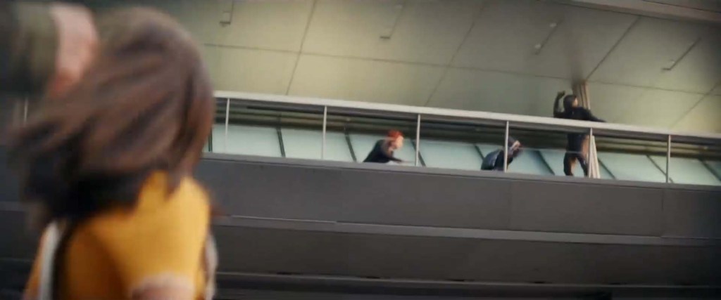 Black Widow and Black Panther fighting Taskmaster in Avengers Campus Paris.