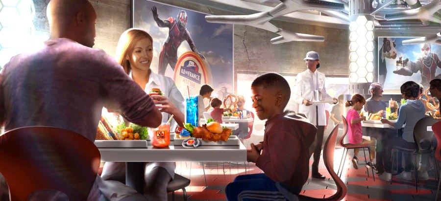 Concept art of the interior of PYM Kitchen at Avengers Campus Paris, Walt Disney Studios Park. 