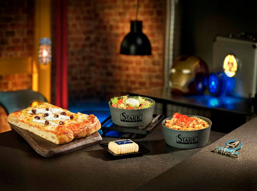Pizza, Thunder Cake Desert, Salad, and Pasta Bowl at Stark Factory, Avengers Campus Paris. Source: Disney