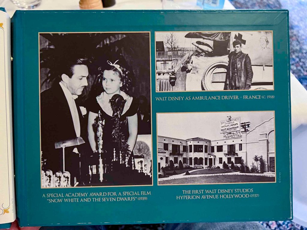 Historical Photographs in the Menu of Walt’s - an American restaurant at Disneyland Paris, 2022.