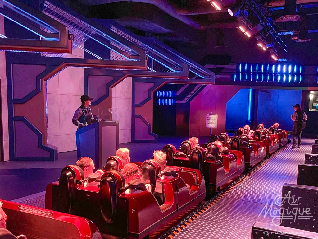 The train and loading station of Avengers Assemble: Flight Force at Avengers Campus Paris, Walt Disney Studios Park.