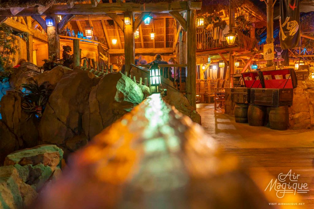 View across the bridge leading to the dining area at Captain Jack's - Restaurant des Pirates, Disneyland Park Paris. 