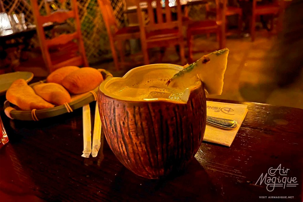 The Virgin Lada mocktail and coconut bread at Captain Jack's - Restaurant des Pirates, Disneyland Park Paris. 